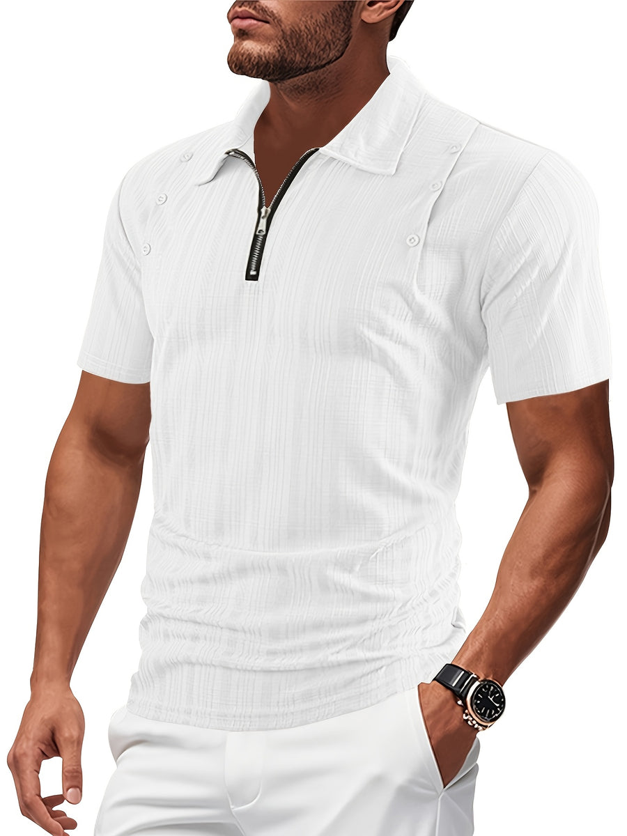 Josh Mei'S Selected Products: Men'S Texture Pattern Half-Zip Polo Shirt, Summer Short-Sleeve Polo Shirt with Half-Zip Button Decoration Men'S Casual Top - White