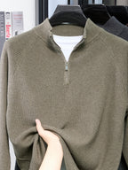 Du Jing Lan OBM Spring/Autumn New Arrival Men's Knitted Pullover, Old Money Style Solid Color Half-Open Placket Stand Collar Long Sleeve Knitted Pullover, Men's Business Casual Fashion Ribbed Sweater, Suitable for Layering or Wearing as an Inner - Olive
