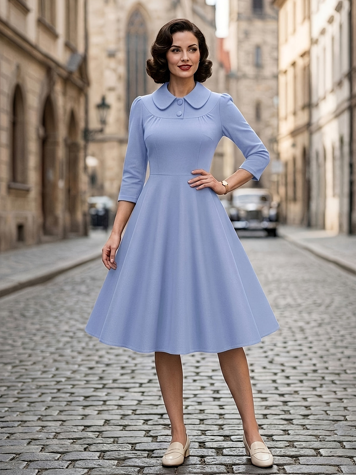 Collared Button Waist-Cinching Slim Fit Vintage Style 50S Elegant Long Sleeve Dress - Sky Blue