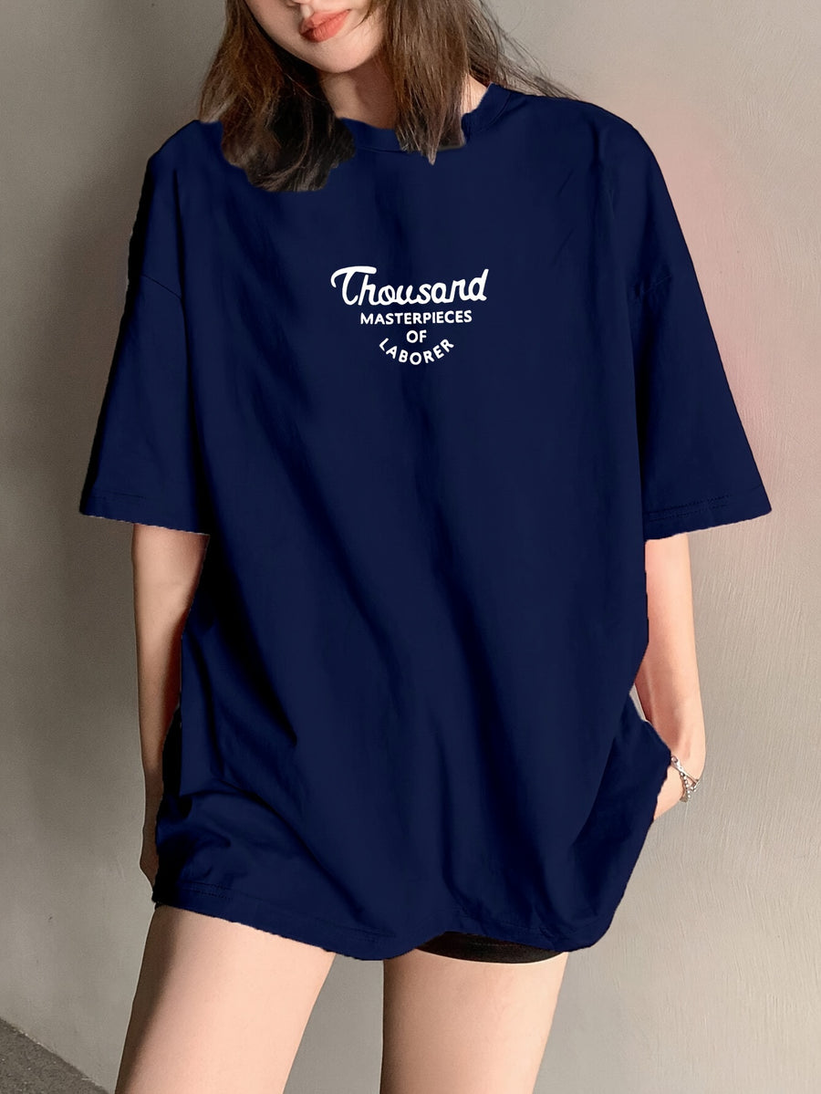 Women's Oversized T-Shirt - Loose Fit Short Sleeve Top with Letter '' Print, Round Neck Casual Summer Blouse for Spring Summer Fall, Breathable Casual Attire (Hand Washable) - Navy Color