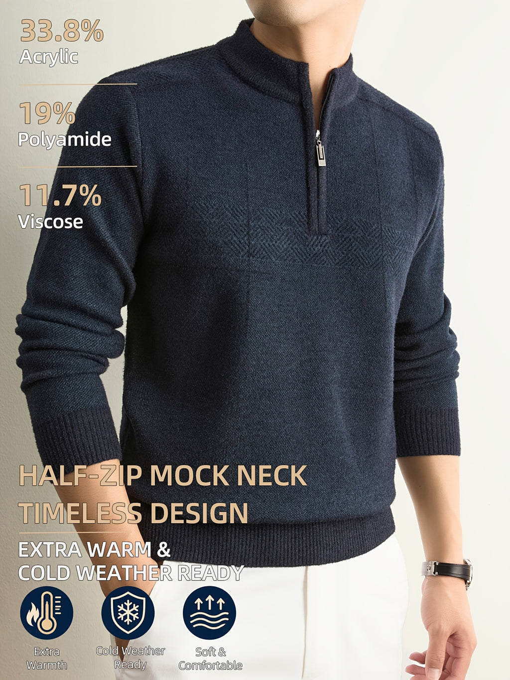Men'S Half-Zip Knit Sweater, Classic Stand Collar And Textured Pattern, Thickened Warm Pullover in a Refined Timeless Style for Casual, Work, Hiking, Camping, Fishing, And Outdoor Wear - Navy Color