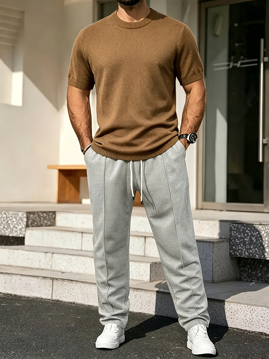 Men's Breathable Short Sleeve T-Shirt - Solid Color Round Neck Base Layer, Casual & Business Versatile Opaque Shirt, Machine Washable Suitable for Office Wear, Layering, Everyday Use - Khaki