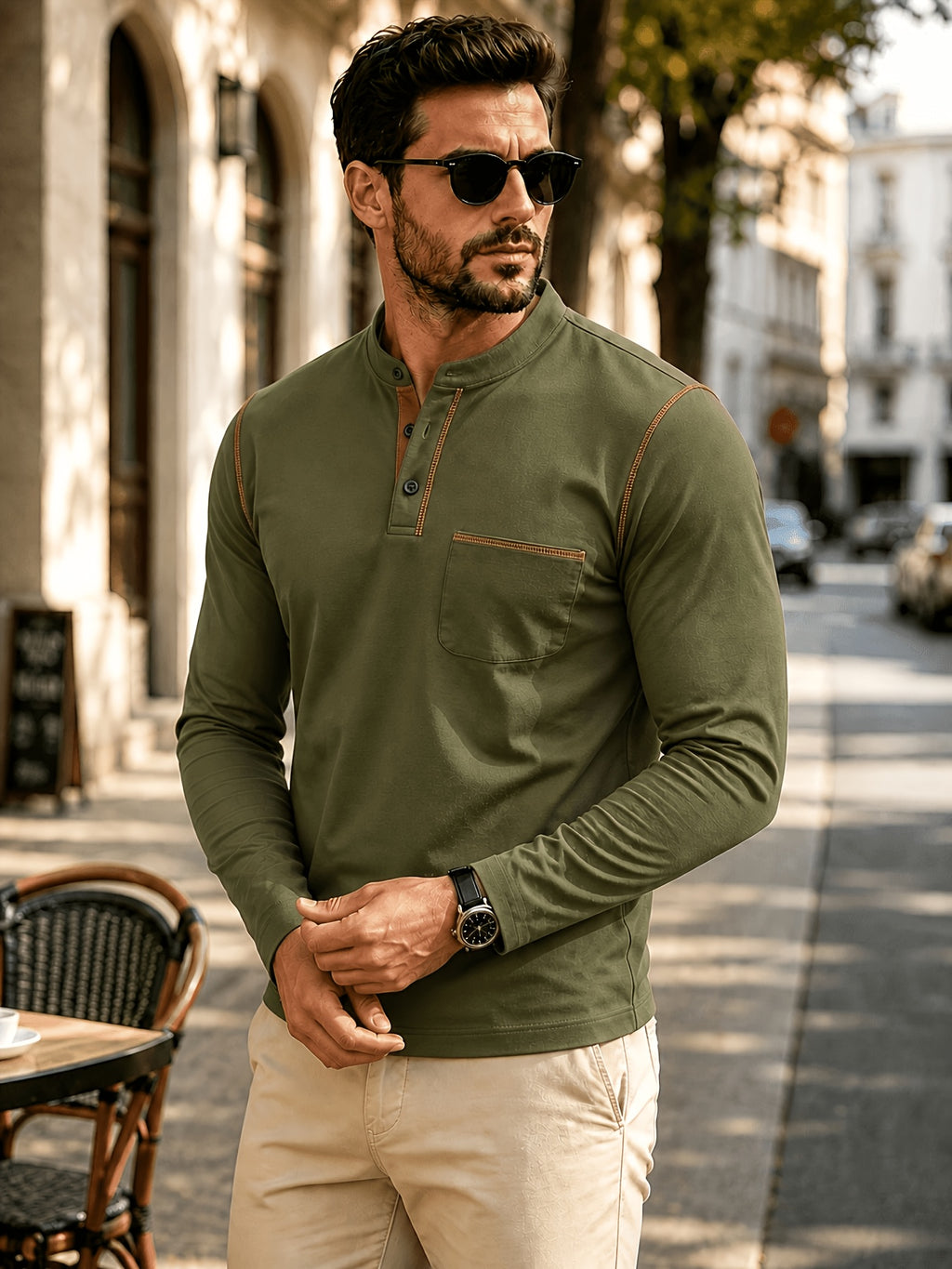 1pc Men'S Long Sleeve Henley Shirt, Stand Collar Slim Fit Casual Top, Solid Color Micro-Elastic Machine Washable Fabric, Contrast Stitching, Pocket Design Suitable for Early Autumn, for Daily, Travel, Dates - fern green