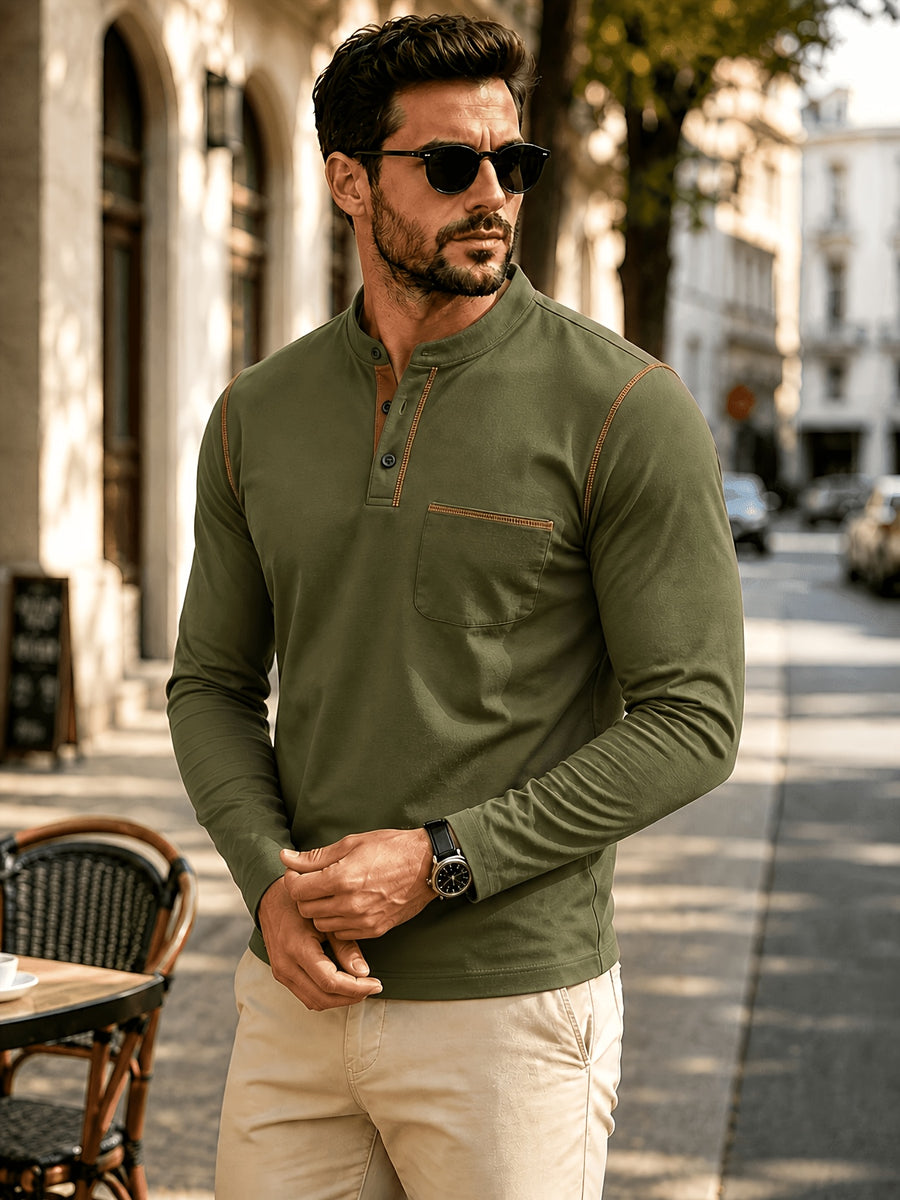 1pc Men'S Long Sleeve Henley Shirt, Stand Collar Slim Fit Casual Top, Solid Color Micro-Elastic Machine Washable Fabric, Contrast Stitching, Pocket Design Suitable for Early Autumn, for Daily, Travel, Dates - fern green