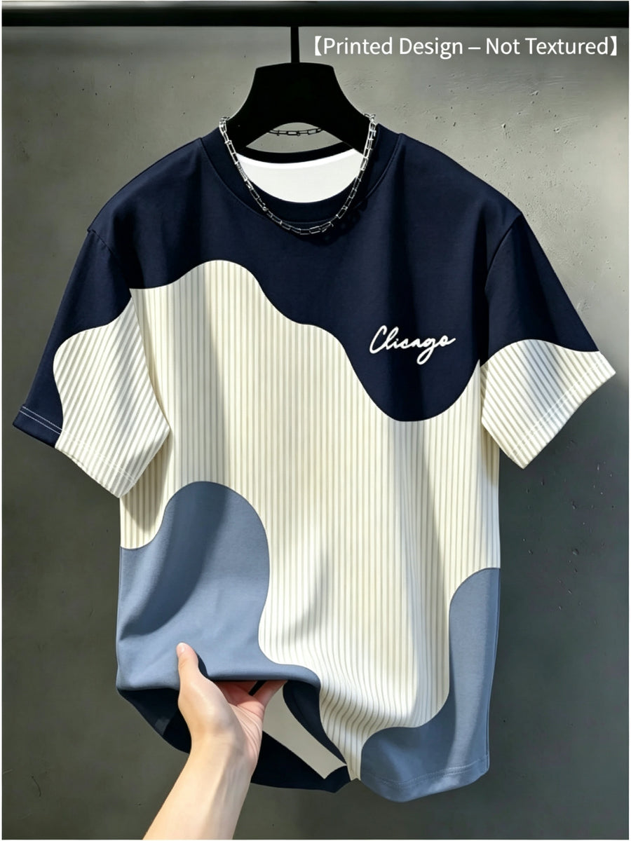 [Printed Design - Non-Textured] Men'S Casual Round Neck T-Shirt, Geometric Pattern Patchwork Striped Design, "Chicago" Word Pattern, Drapey Fashion Top, All-Season Wear, Breathable Regular Fit for Casual And Formal Outfits - Round Neck Casual Top - Mixed Color 3