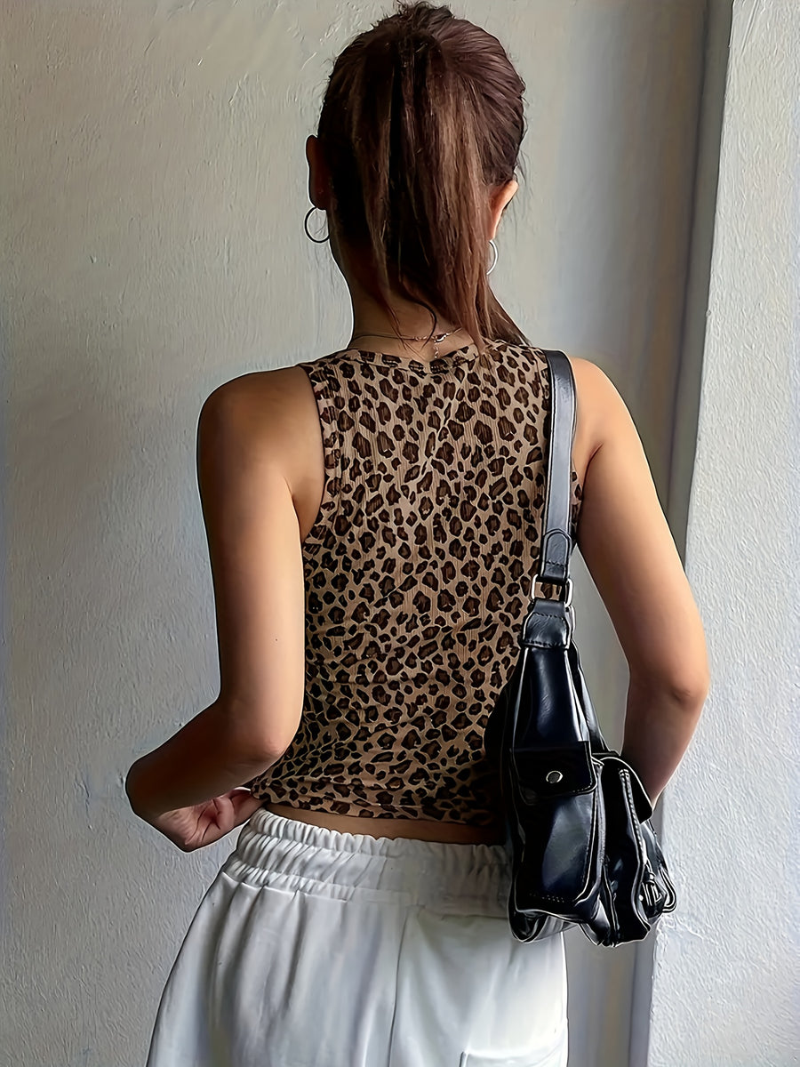 European And American Summer New Women'S Sleeveless Casual Leopard Print Slim Short Top Sexy Printed Vest - Leopard Print