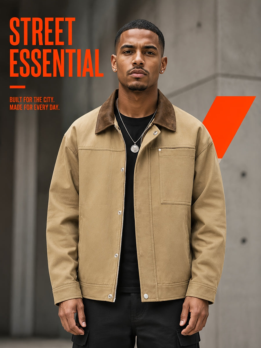 Men'S Color-Block Collar Cargo Jacket, Zipper Button-Front Double Breasted, Multi-Pocket Chest, Drop Shoulder Loose Short Retro Streetwear Coat - Khaki