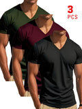 Trendy and Fashionable Men's 3pcs V-neck Short-sleeve Set, Stylish, Comfortable, Durable, Breathable, and Machine Washable - Mixed colors