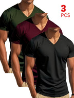 Trendy and Fashionable Men's 3pcs V-neck Short-sleeve Set, Stylish, Comfortable, Durable, Breathable, and Machine Washable - Mixed colors