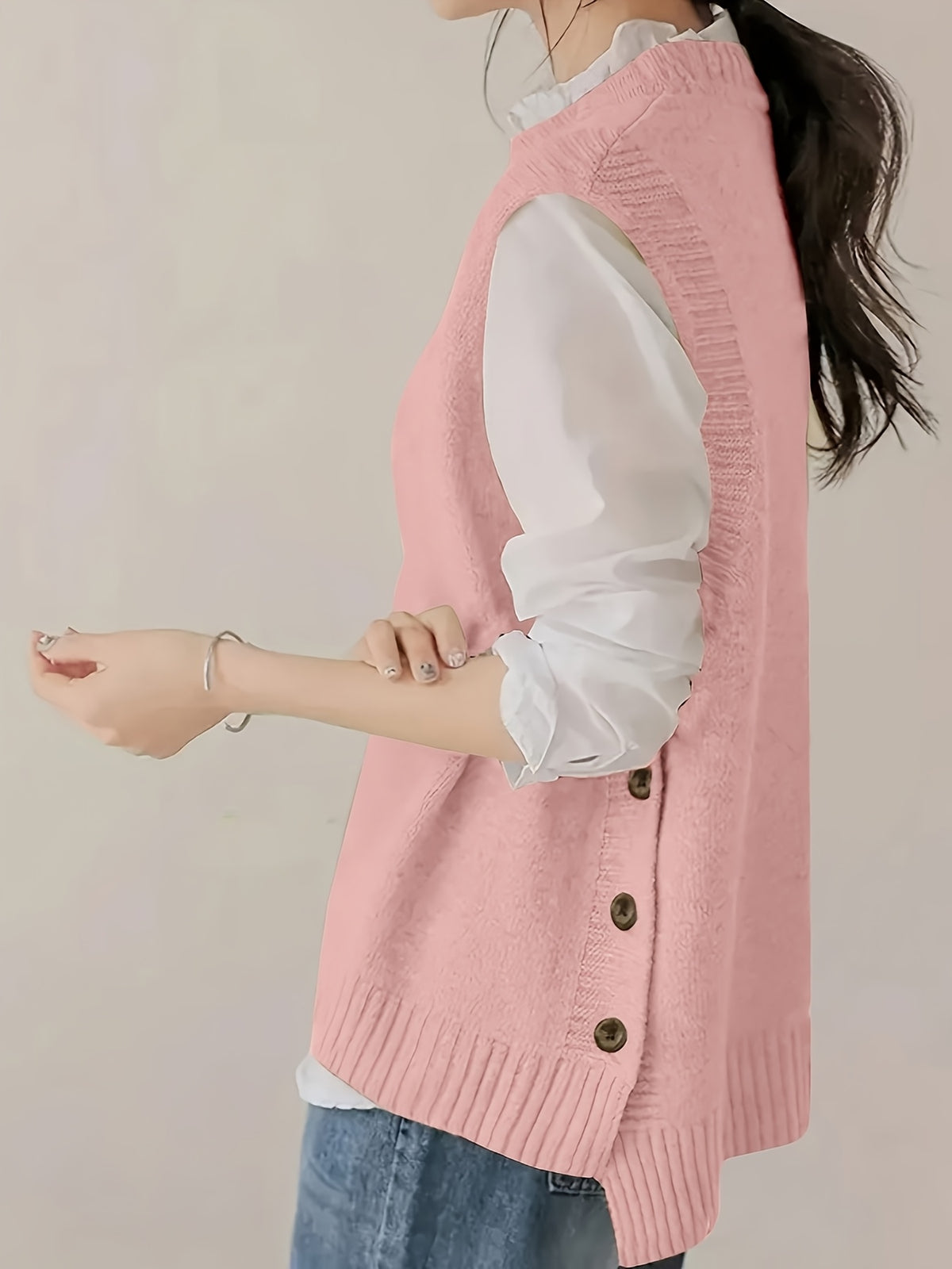 Round Neck Short Front And Long Back Button Sweater - Pink Color