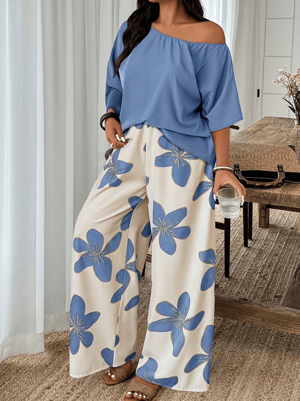 French-Style Elegant Women's Fashion 2pcs Set: Solid Color Off-Shoulder Pullover + Large Blue Floral Print Pants, Comfortable, Breathable, and High-End Casual Outfit - Blue