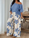 French-Style Elegant Women's Fashion 2pcs Set: Solid Color Off-Shoulder Pullover + Large Blue Floral Print Pants, Comfortable, Breathable, and High-End Casual Outfit - Blue