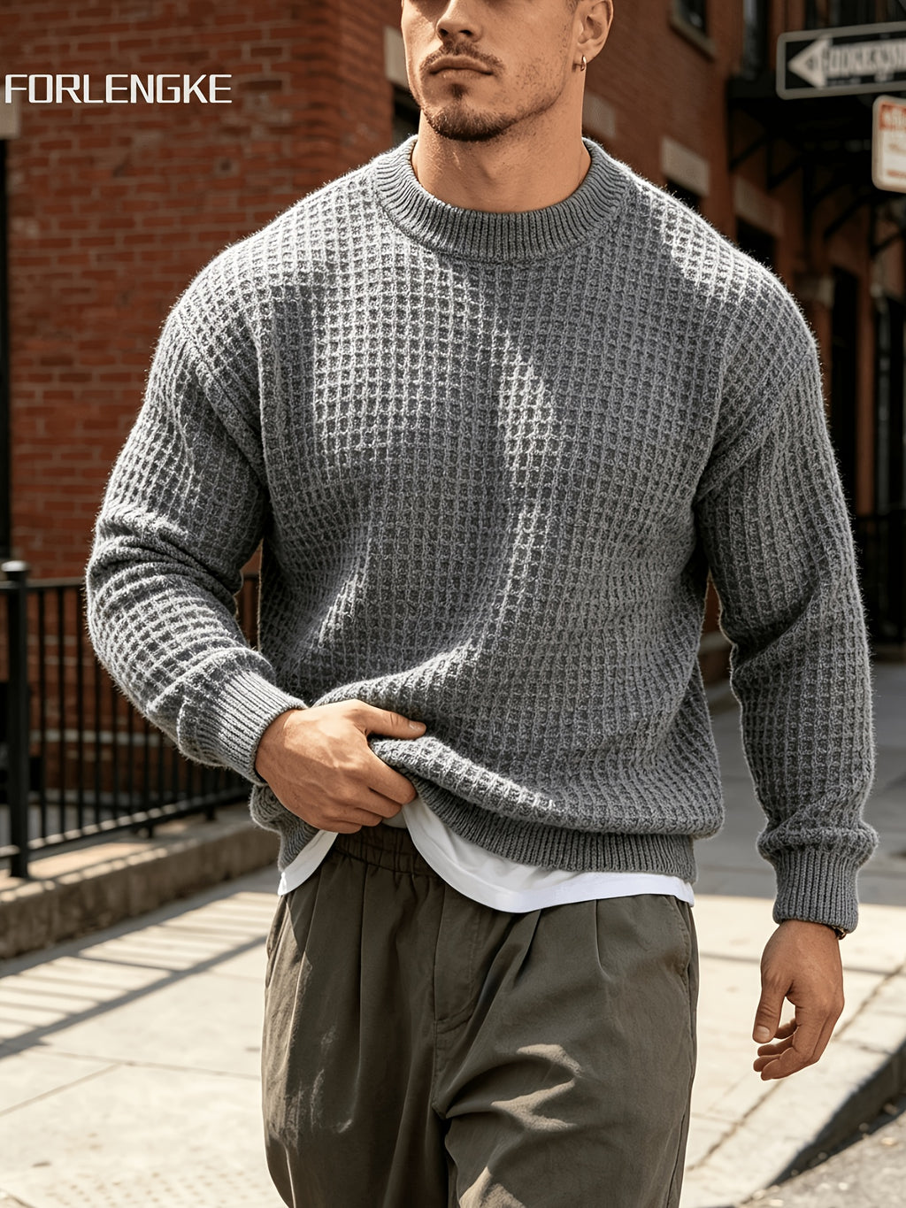 FORLENGKE Autumn/Winter New Arrival Men's Round Neck Waffle Knit Sweater, Three-Dimensional Checkered Weave Texture, Loose Fit Long Sleeve Pullover, Solid Color Basic Style for Daily Streetwear, Commuting, Simple and Versatile, Casual Inner or Outer - Grey