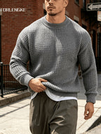 FORLENGKE Autumn/Winter New Arrival Men's Round Neck Waffle Knit Sweater, Three-Dimensional Checkered Weave Texture, Loose Fit Long Sleeve Pullover, Solid Color Basic Style for Daily Streetwear, Commuting, Simple and Versatile, Casual Inner or Outer - Grey