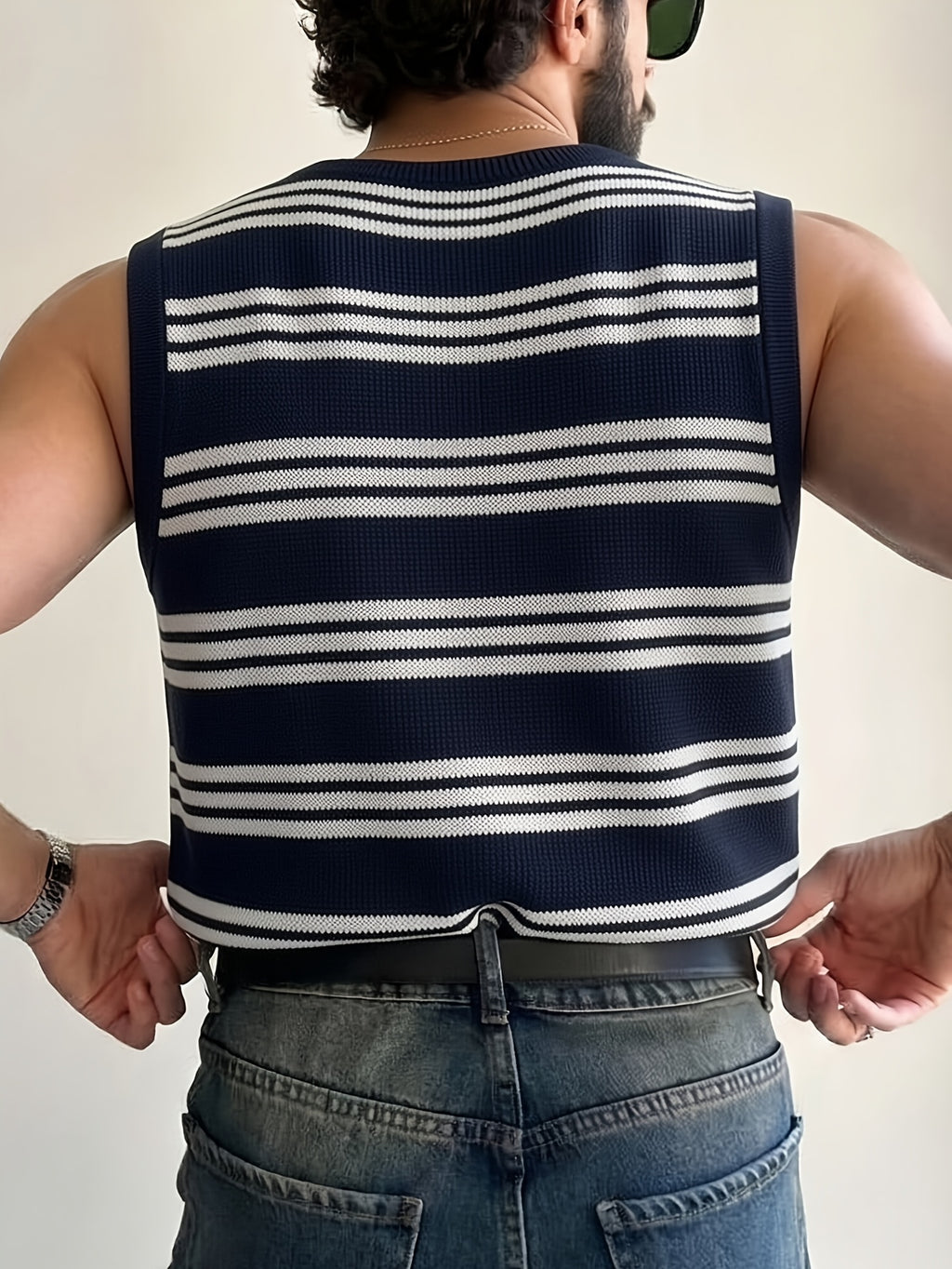 Summer New Men'S Knit Casual Loose Pullover Shirt, Casual Vacation Style Easy Classic Striped Round Neck Sleeveless Vest, Suitable for School, Work, Commuting, Travel, Vacation, Street Wear - Navy Color