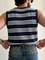 Summer New Men'S Knit Casual Loose Pullover Shirt, Casual Vacation Style Easy Classic Striped Round Neck Sleeveless Vest, Suitable for School, Work, Commuting, Travel, Vacation, Street Wear - Navy Color