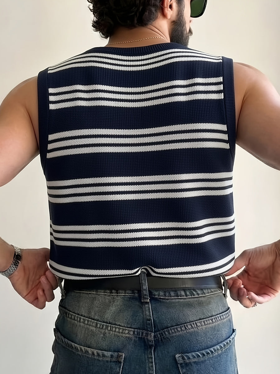 Summer New Men'S Knit Casual Loose Pullover Shirt, Casual Vacation Style Easy Classic Striped Round Neck Sleeveless Vest, Suitable for School, Work, Commuting, Travel, Vacation, Street Wear - Navy Color