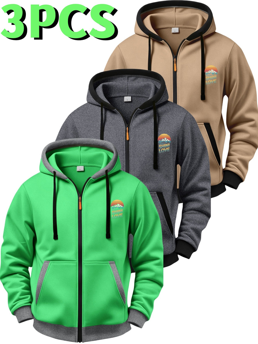 3pcs Set Vintage Sunset Mountain Peak Letter Small Print Zip-Up Hooded Sweatshirt for Men and Women, Spring/Autumn Contrast Trim Full-Zip Cardigan Jacket, Outdoor Mountain Style Loose Fit Casual 3pcs Versatile Zip-Up Hoodie Set - Khaki+Dark Gray+Grass Green