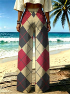 Women'S Casual Wide-Leg Pants, Vintage Checkered Pattern, Suitable for Women Who Love Retro Style, Fit for City Outings, Holiday Casual Wear. [Print Design - No Texture] - Mixed colors