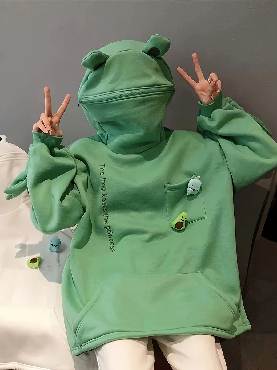 Fortune-Attracting Autumn/Winter Quirky Cartoon Frog Sweatshirt, Unisex Loose Fit -Lined Hooded Jacket, Trendy Streetwear Couple's Outfit - Green
