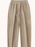Women's Color Block Lace Casual Drawstring Waist Bow Capri Pants with Pockets - Khaki Brown
