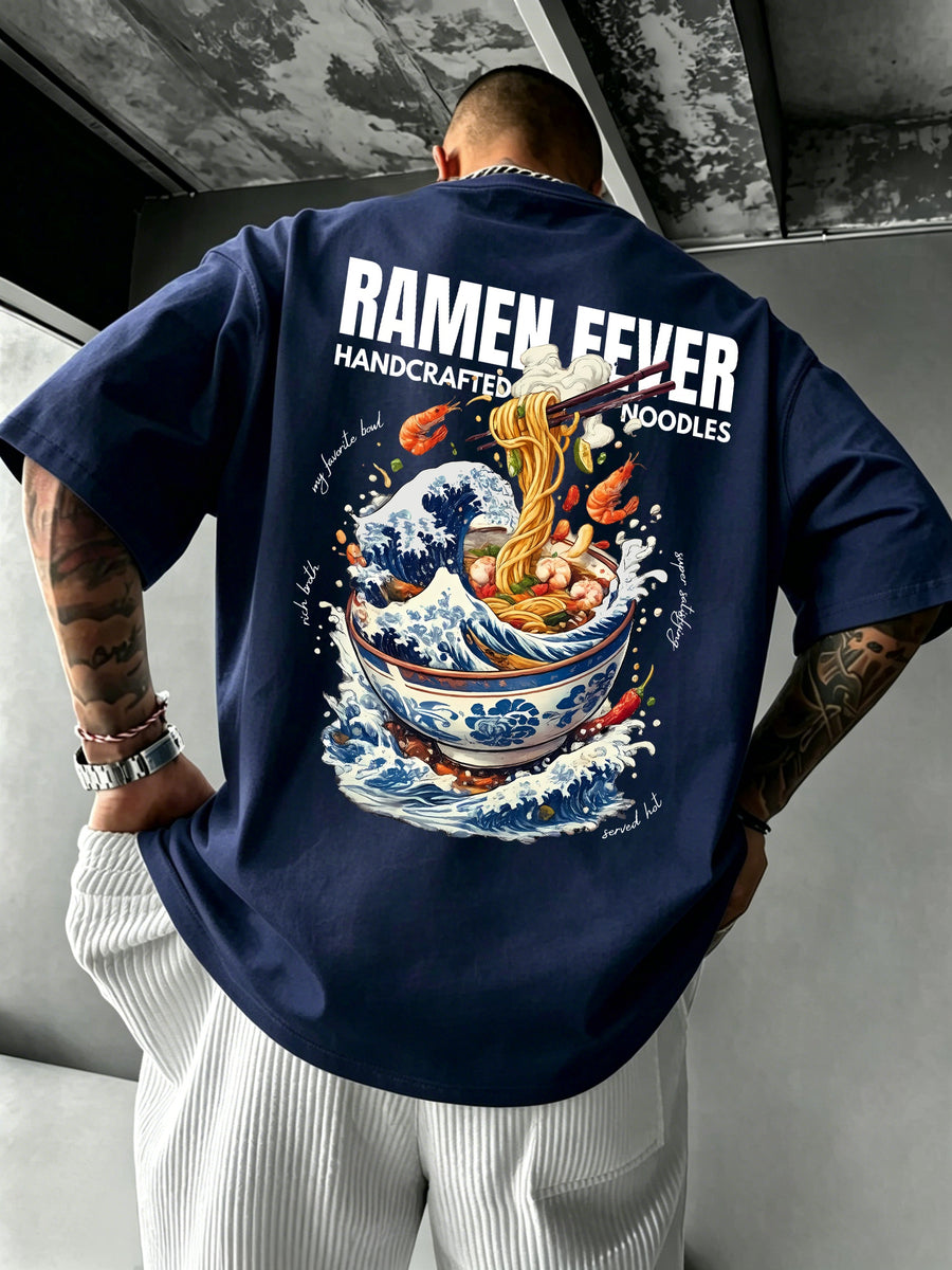 Men's 100% Pure Cotton T-Shirt, Ramen Wave Print, Comfortable, Soft, and Breathable, for Spring/Summer Casual Daily Wear - Navy blue color