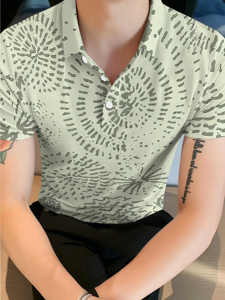 Light Beige Gray Radiating Splatter Abstract Ethnic Texture Pattern Men'S Stand-Up Collar Short Sleeve Full Print Casual Polo Shirt Breathable Daily Wear Men'S Top Print Design-Not Textured 2D Printing - Mixed colors