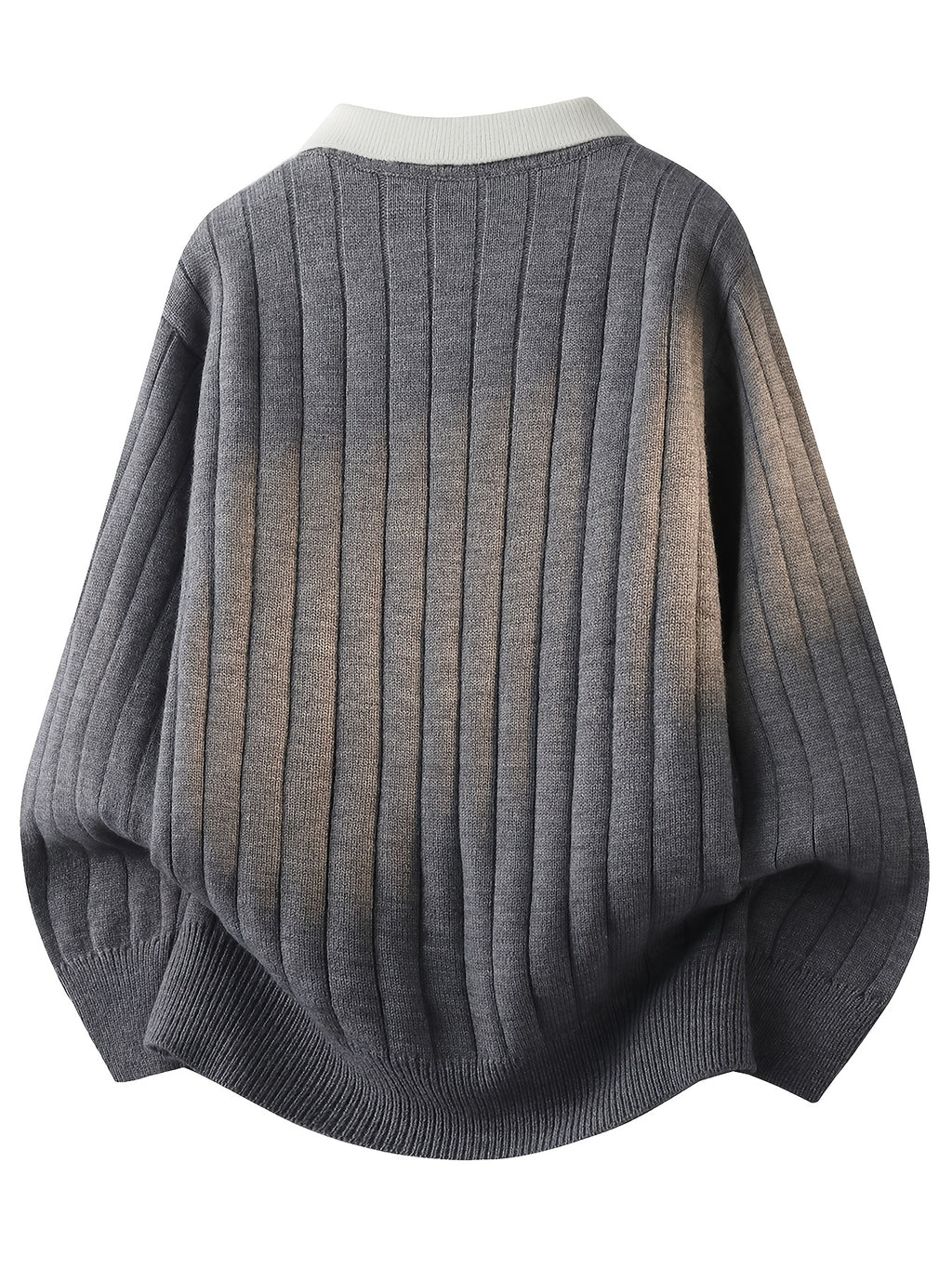 2-in-1 Look Polo Collar Sweater for Men, Autumn/Winter Vertical Stripe Knit Shirt, Lapel Pullover Base Layer Top - Grey