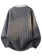 2-in-1 Look Polo Collar Sweater for Men, Autumn/Winter Vertical Stripe Knit Shirt, Lapel Pullover Base Layer Top - Grey