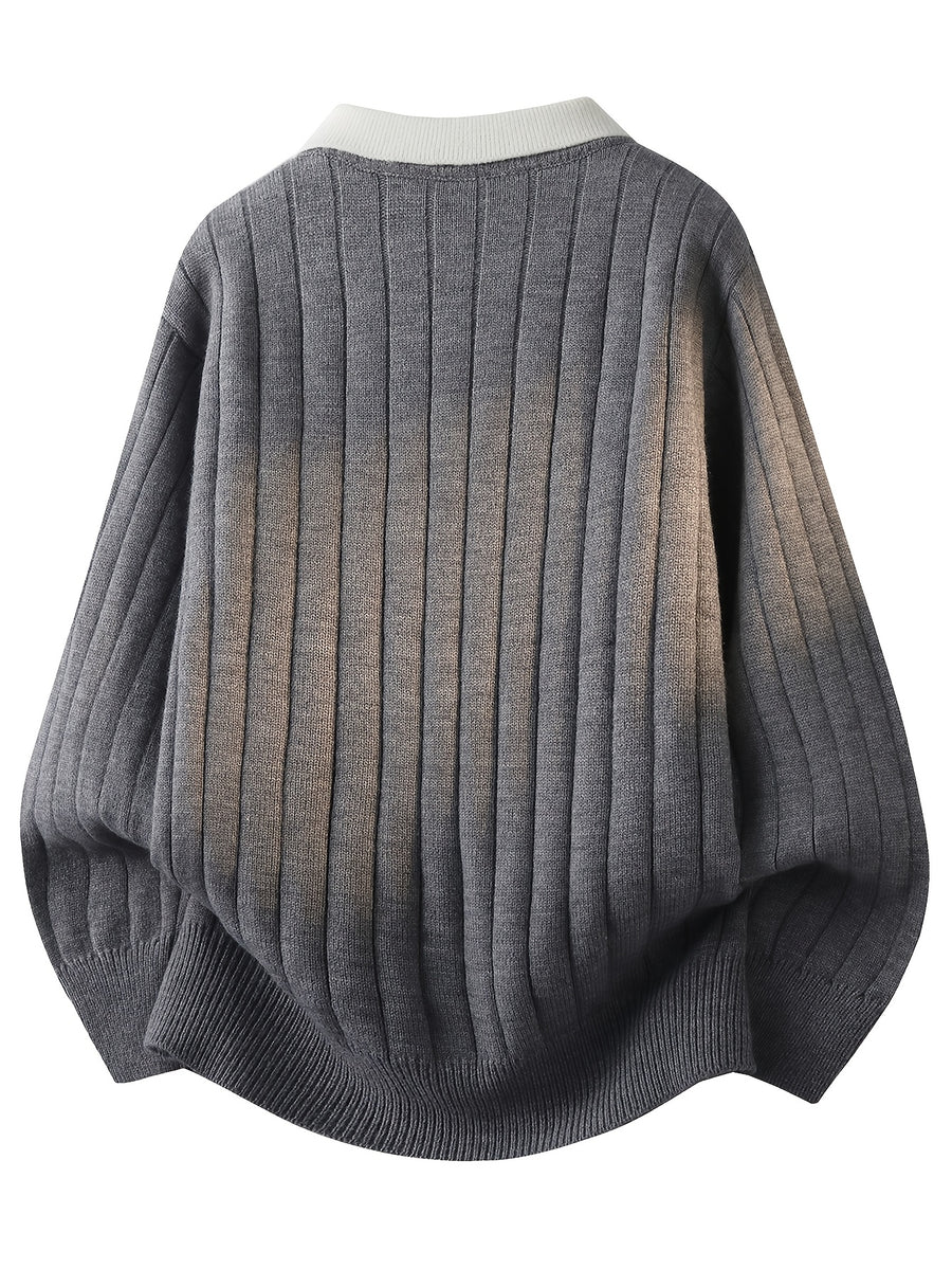 2-in-1 Look Polo Collar Sweater for Men, Autumn/Winter Vertical Stripe Knit Shirt, Lapel Pullover Base Layer Top - Grey