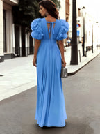 Elegant Women's Blue V-Neck Multi-Layer Ruffle Flutter Sleeve Long Dress - Waist-Cinching Pleated Dress | Temperamental Long Chiffon Gown for Evening Parties, Dates, and Vacations - Sky Blue