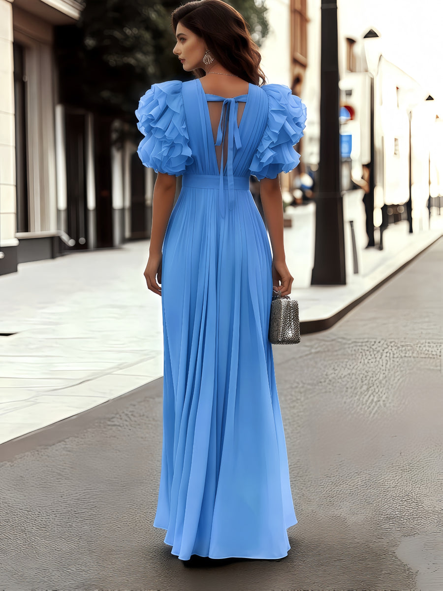 Elegant Women's Blue V-Neck Multi-Layer Ruffle Flutter Sleeve Long Dress - Waist-Cinching Pleated Dress | Temperamental Long Chiffon Gown for Evening Parties, Dates, and Vacations - Sky Blue