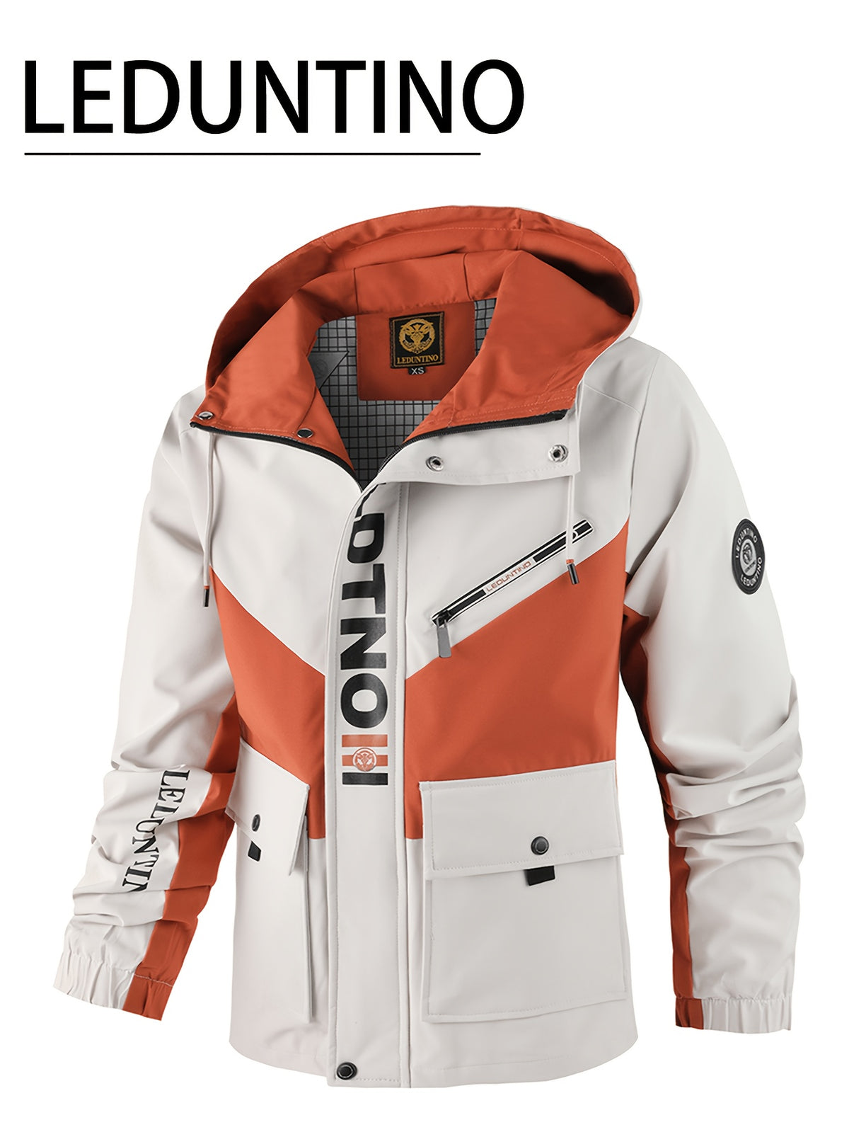 Men's Fashionable Casual Hooded Jacket, Multi Pocket Outdoor Fashion Design, Contrasting Color Design, Double Pocket - Spring and Autumn Casual Outdoor Letter Grid Jacket Thin Jacket - Ivory White