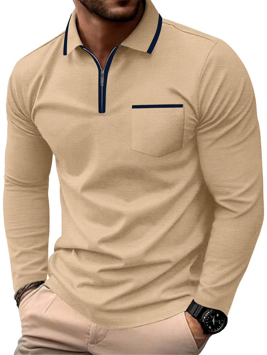 Autumn Cross-Border American Men'S Long Sleeve Polo Shirt Men'S Base Layer Contrast Top - Apricot