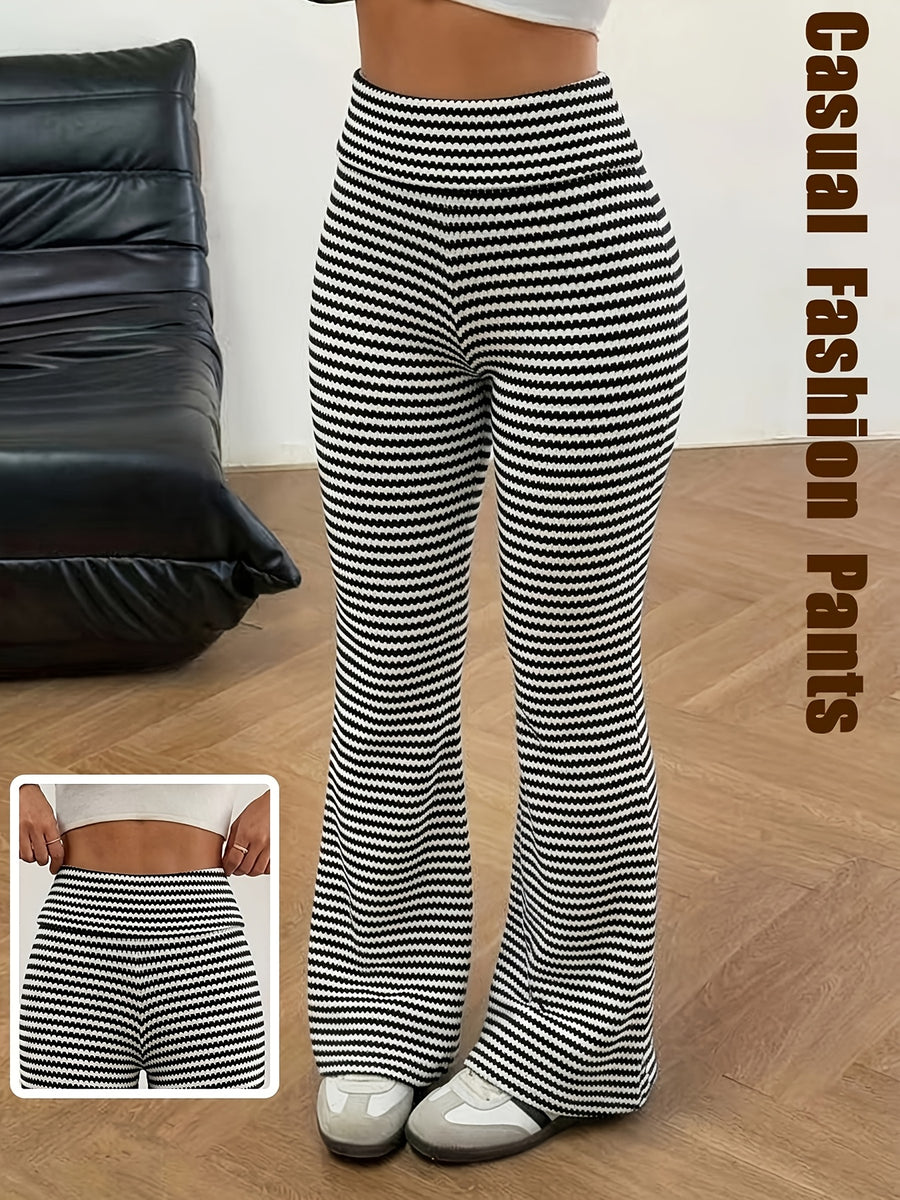 Women'S Tummy Control Striped Loose Low-Rise Casual Long Pants - Black And White Color