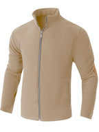 Men's Full-Zip Jacket with Herringbone Patchwork Collar & Stand Collar - Loose Fit Winter Coat, Zippered Outerwear Suitable for Fall/Winter, Machine Washable Warm Jacket for Casual Wear and Layering - Apricot