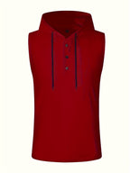 Men's Sleeveless Hooded Henley Shirt - Lightweight, Breathable Polyester | Summer Casual & Sporty Top with Button Detail | Machine Washable - Red