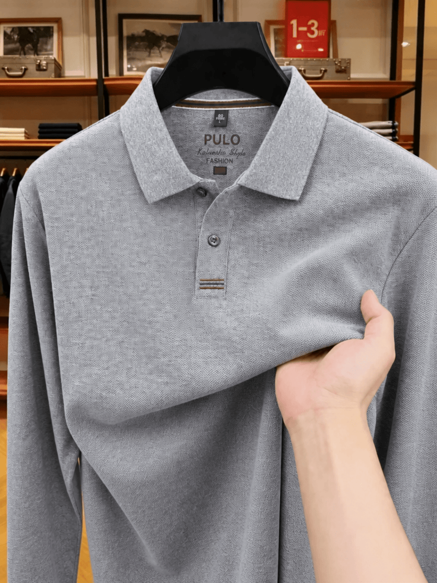 Men's Golf, Casual, Fishing, Tennis, Sports Solid Color Top, Spring/Autumn Apparel for Middle-aged and Young Men, Soft and Skin-friendly Piqué Pure Fabric, Long-Sleeve Polo Shirt, Men's Long-Sleeve T-Shirt, New Spring/Autumn Casual Turn- Collar Solid - Light Grey
