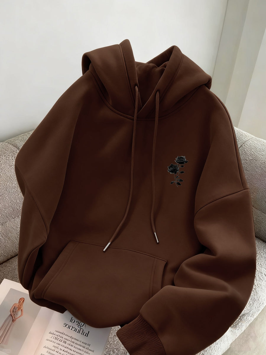 Autumn Winter Men'S Fleece-Lined Hooded Sweatshirt, Double Branch Black Rose Print, Fashionable Casual Wear for Daily, Casual, Gatherings, Parties, Outdoor Sports, Men'S Warm Hooded Top - Coffee Color