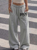 Women's Y2K Punk Straight-Leg Pants with Lettering Pockets - Loose-Fit Front Pocket Trousers, Machine Washable Gray Suitable for Outdoor Commuting, College Style & Daily Wear, American Vintage Urban Fashion (No Transparency) - Grey