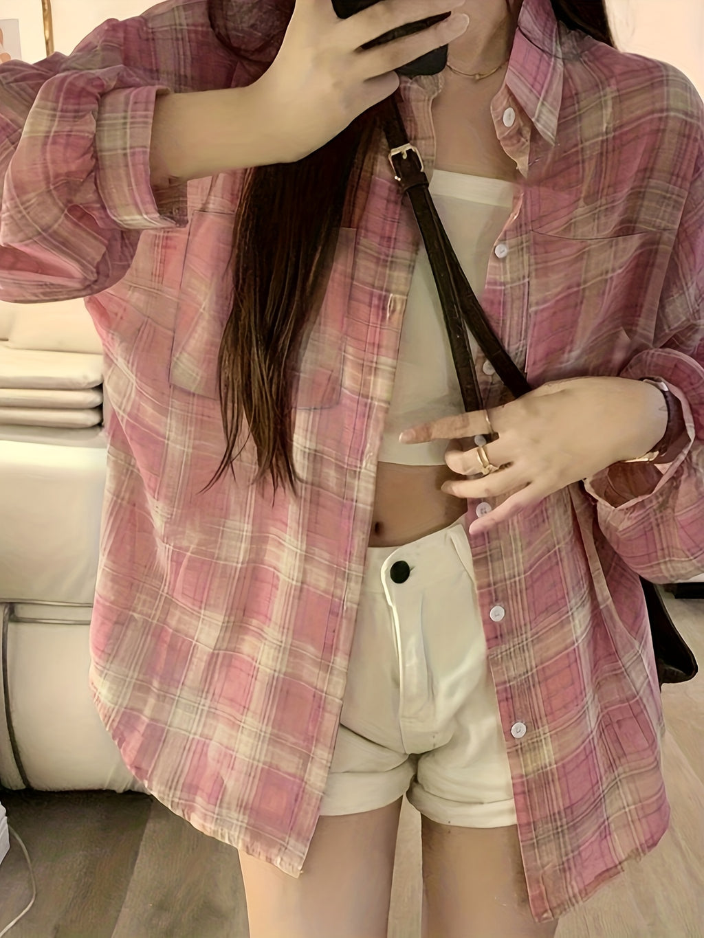 Women'S Elegant Random Patchwork Plaid Print Button-Up Long Sleeve Shirt - Pastel Pink