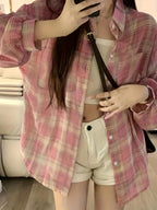 Women'S Elegant Random Patchwork Plaid Print Button-Up Long Sleeve Shirt - Pastel Pink