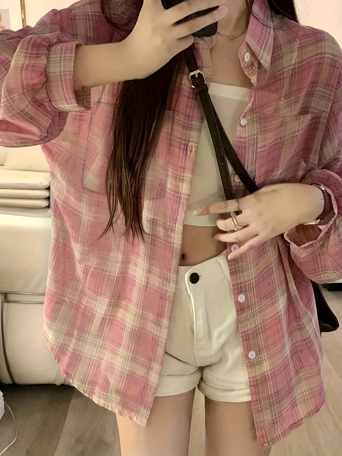 Women'S Elegant Random Patchwork Plaid Print Button-Up Long Sleeve Shirt - Pastel Pink