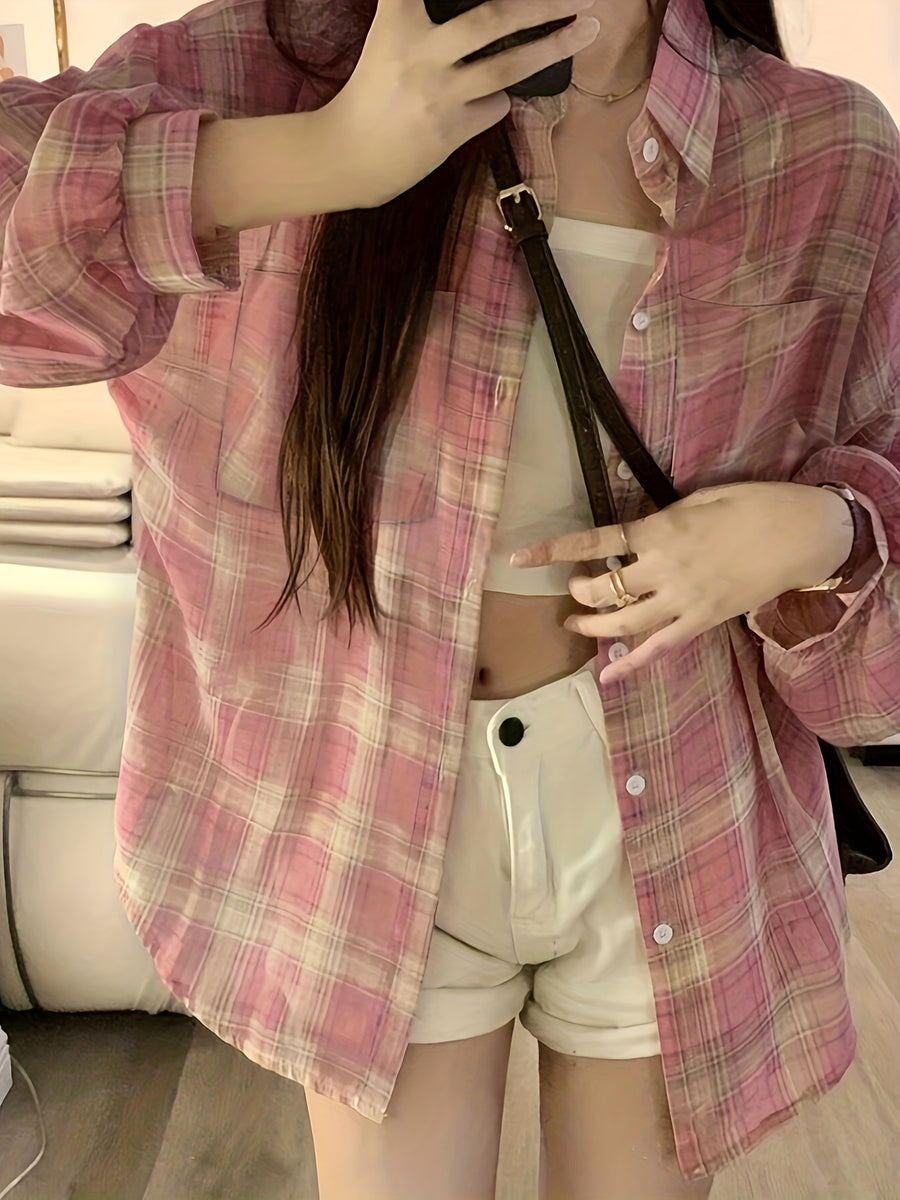Women'S Elegant Random Patchwork Plaid Print Button-Up Long Sleeve Shirt - Pastel Pink