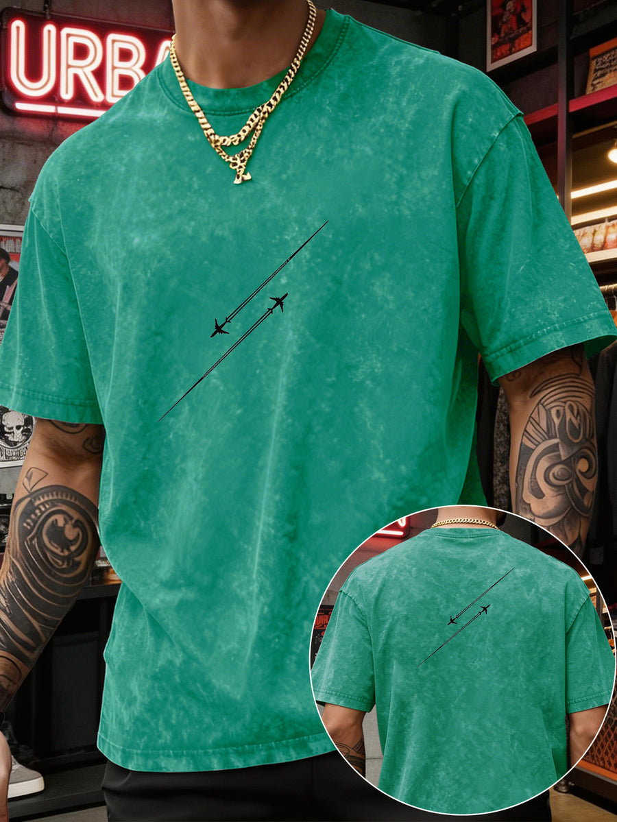 Men'S Heavyweight Washed T-Shirt Minimalist Airplane Line Art Print High Street Vintage Distressed Tee 2026 Summer Casual Urban Wear - Green