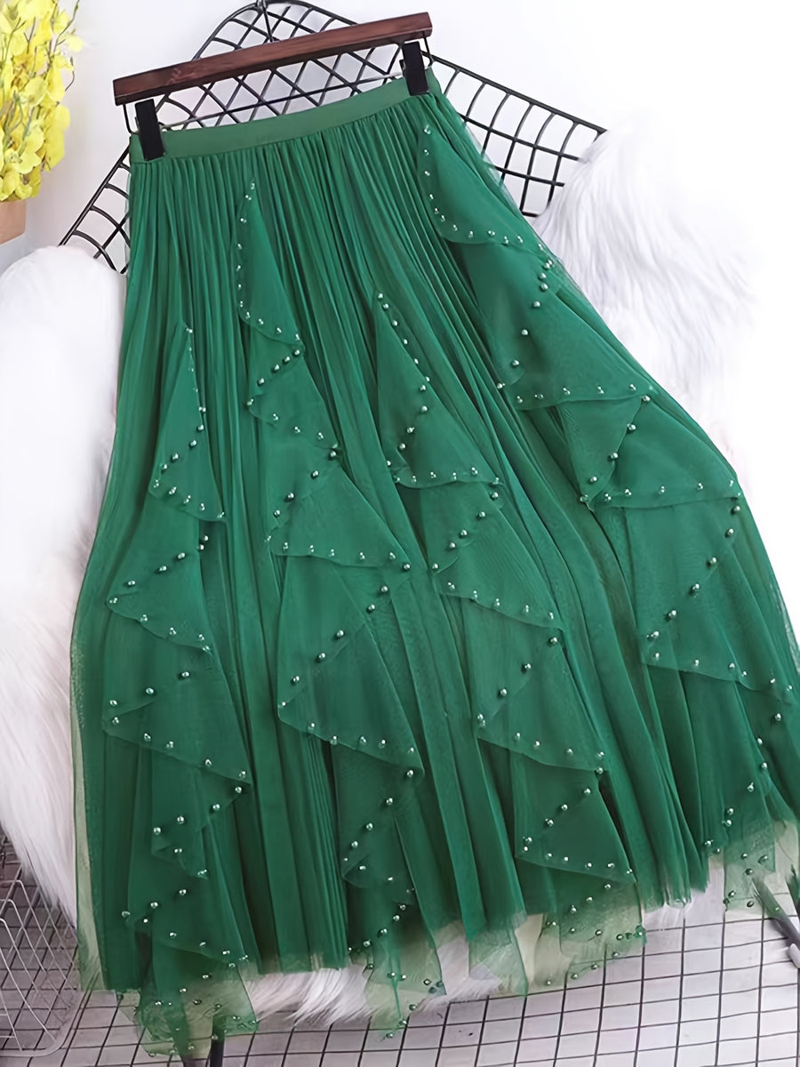 Spring New Women'S Clothing Summer Ladies' Spring Clothing Women'S Summer Clothing Beaded Pleated Mesh Skirt - Green