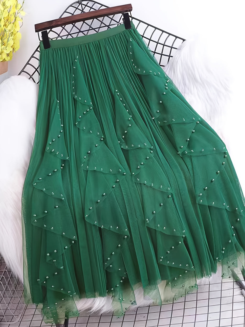 Spring New Women'S Clothing Summer Ladies' Spring Clothing Women'S Summer Clothing Beaded Pleated Mesh Skirt - Green