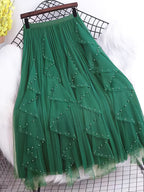 Spring New Women'S Clothing Summer Ladies' Spring Clothing Women'S Summer Clothing Beaded Pleated Mesh Skirt - Green