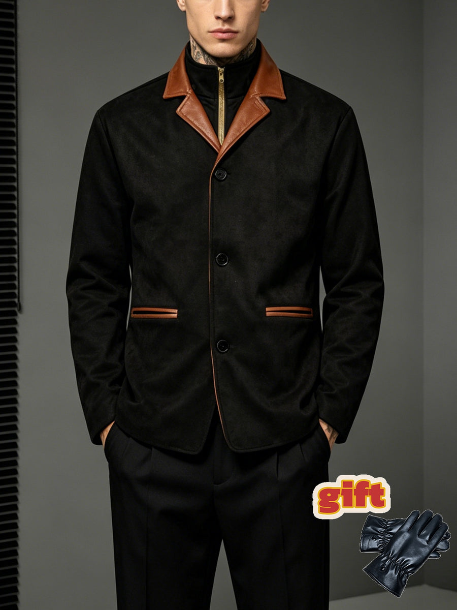 Men'S Retro Color-Block Lapel Jacket, Contrast Trim 3-Button Double Pocket Coat, Business Casual All-Season Outerwear (Free Gloves) P - Black