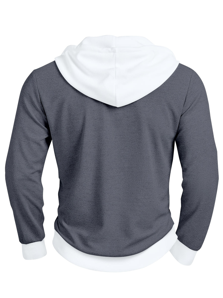 Men'S Casual Sweater Long-Sleeve Outdoor Stitching Hooded Contrast Color Half-Open Placket Design Fashionable Spring And Autumn Henry Hoodie - Navy Color